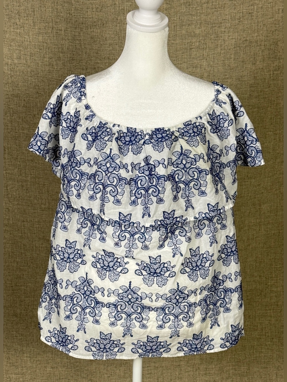 Adiva White Off-Shoulder Top with Blue Floral Embroidery